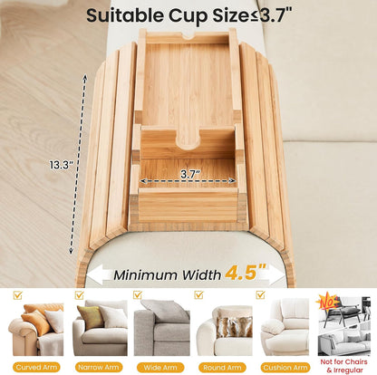 GEHE Couch Cup Holder, Anti Falling Sofa Arm Tray, Natural Bamboo Sofa Cup Holder More Safe for Your Family, Portable Couch Arm Tray Armrest Table for Remote, Snacks, Drinks