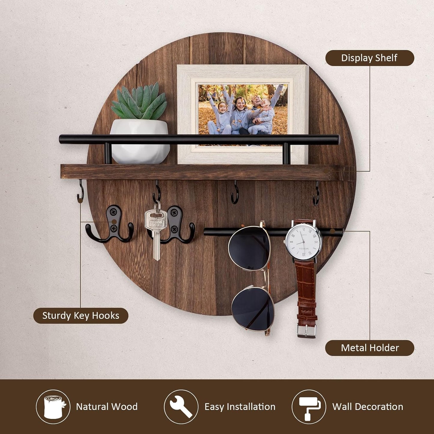 Nekon Key Holder Wall Mount, 11.8” Wood Mail Organizer for Wall, Brown | Round Wall Shelf with 6 Key Hooks, Rustic Key and Mail Holder, Key Hanger for Entryway Hallway Kitchen