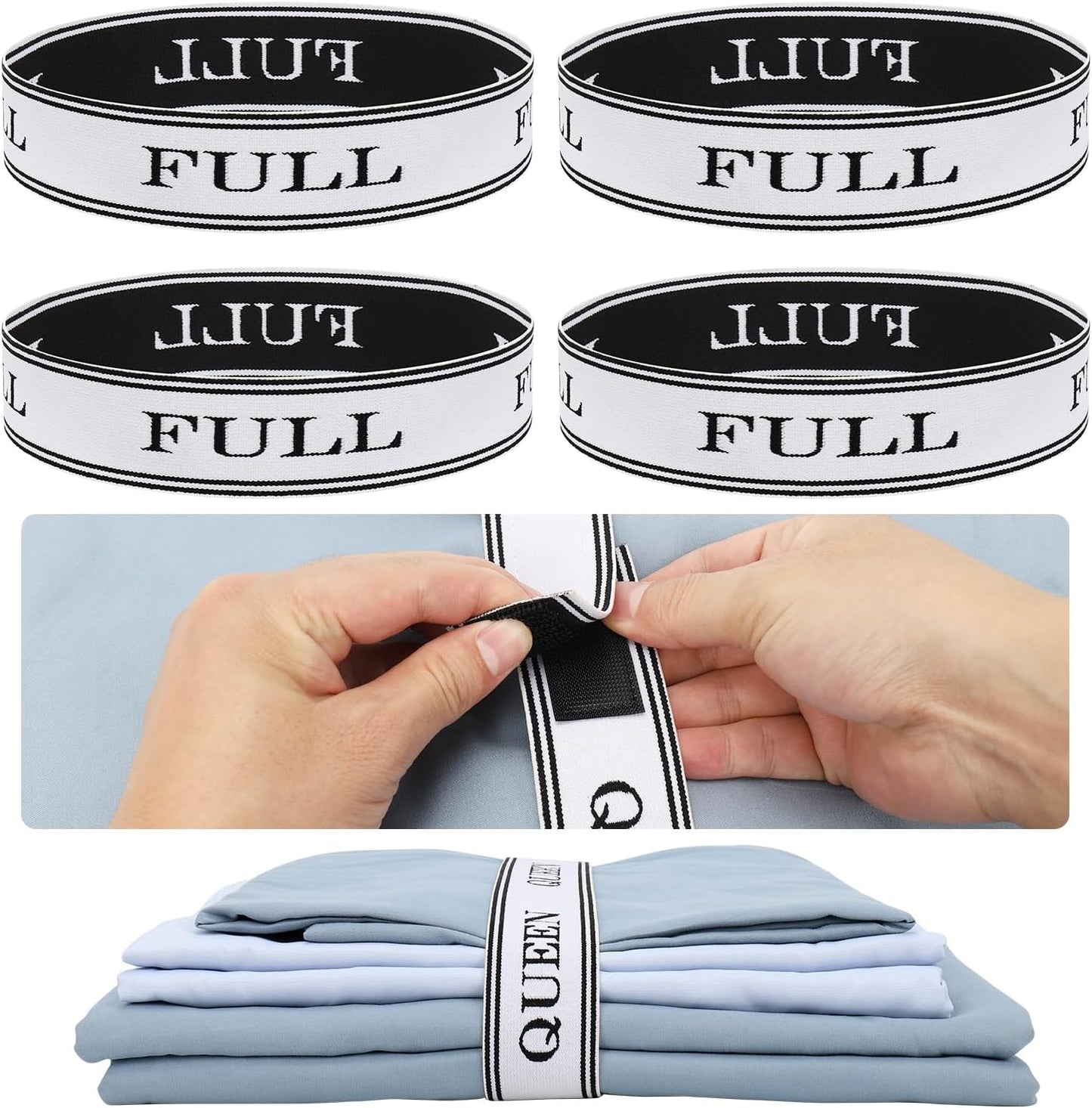 Bed Sheet Organizer Bands with Hook and Loop Adjustable Sheet Organizers and Storage Label Bands for Linen Closet-Elastic Bedding Sheet Keeper Straps for Bedsheet Sets (Queen 4PCs)