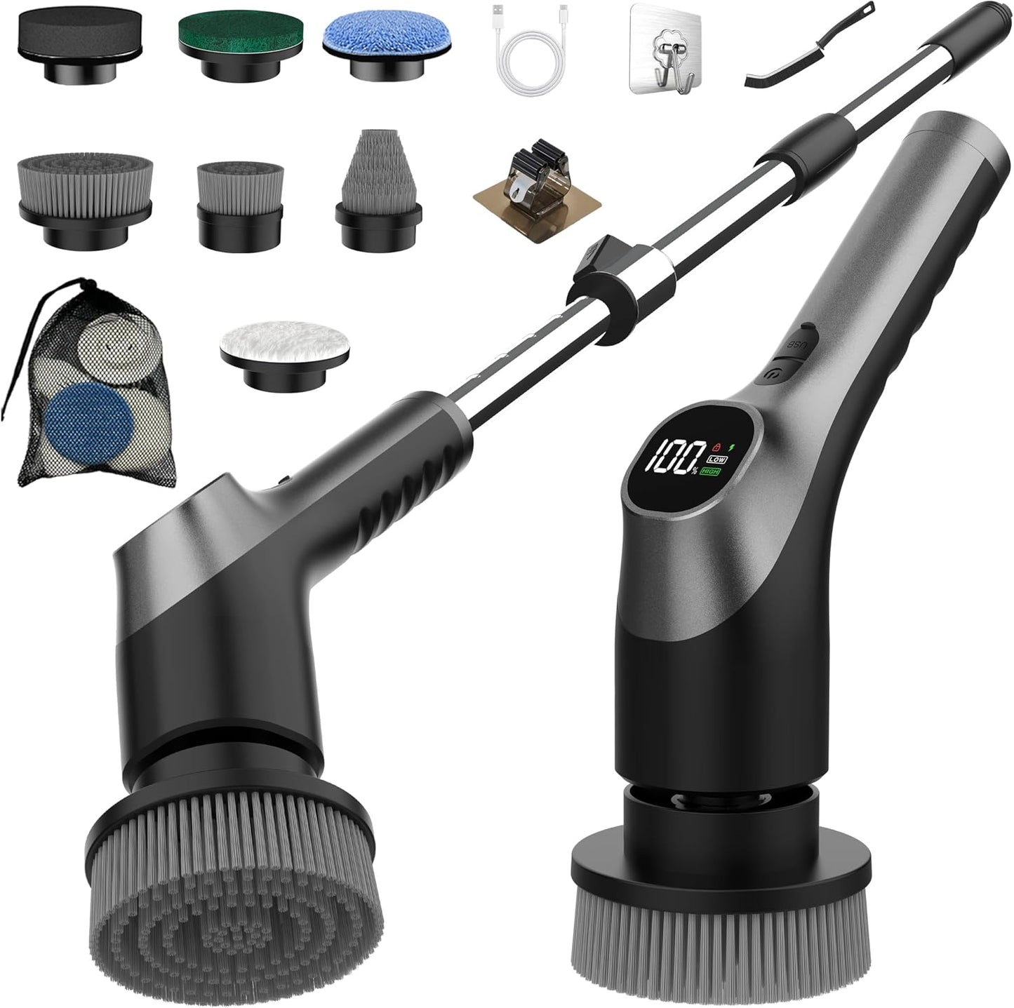Electric Spin Scrubber, Electric Shower Scrubber for Bathroom | Cleaning Brush Power Scrubber, LCD Display, 7 Brush Heads, IPX7 Waterproof, 2 Speed Shower Cleaner for Bath Tub Floor Tile