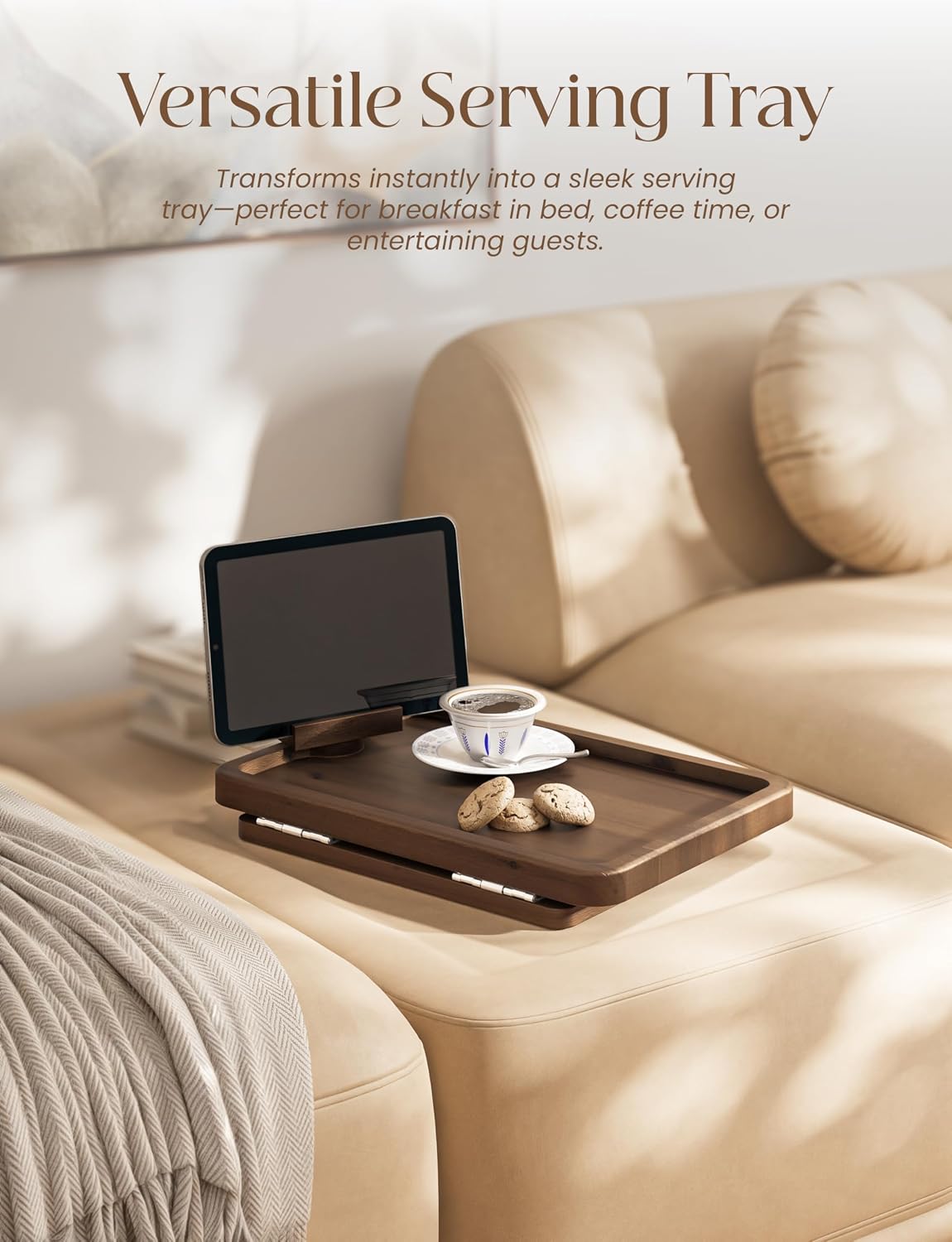 HOLANA 13.75" Acacia Sofa Arm Tray Table, Double Hinge, Natural Wood Color | Solid Acacia Wood, Spacious Surface, Clips Securely with Double-hinge Grip, Foldable & Portable, Multipurpose, No Assembly