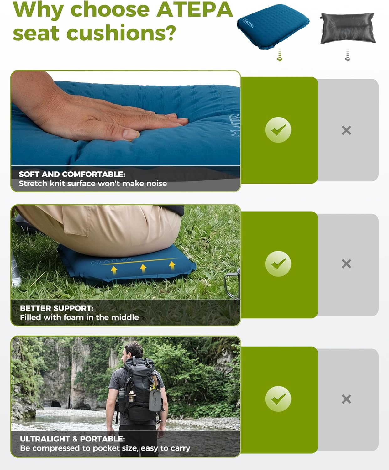 ATEPA Inflatable Seat Cushion | 2" & 2.5" foam core seat pad, Self inflating, Compact, Stadium, Airplane, Travel, Camping, Hiking, Sports events