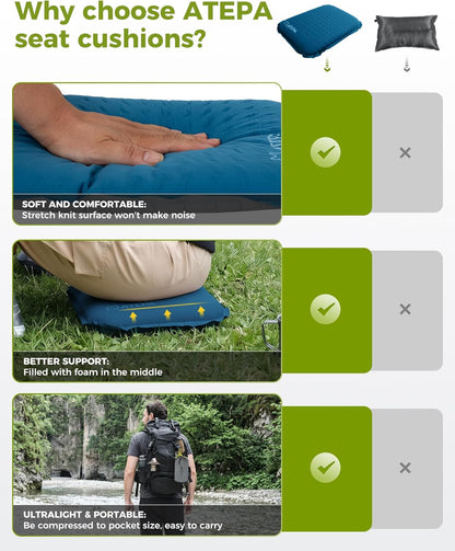 ATEPA Inflatable Seat Cushion | 2" & 2.5" foam core seat pad, Self inflating, Compact, Stadium, Airplane, Travel, Camping, Hiking, Sports events