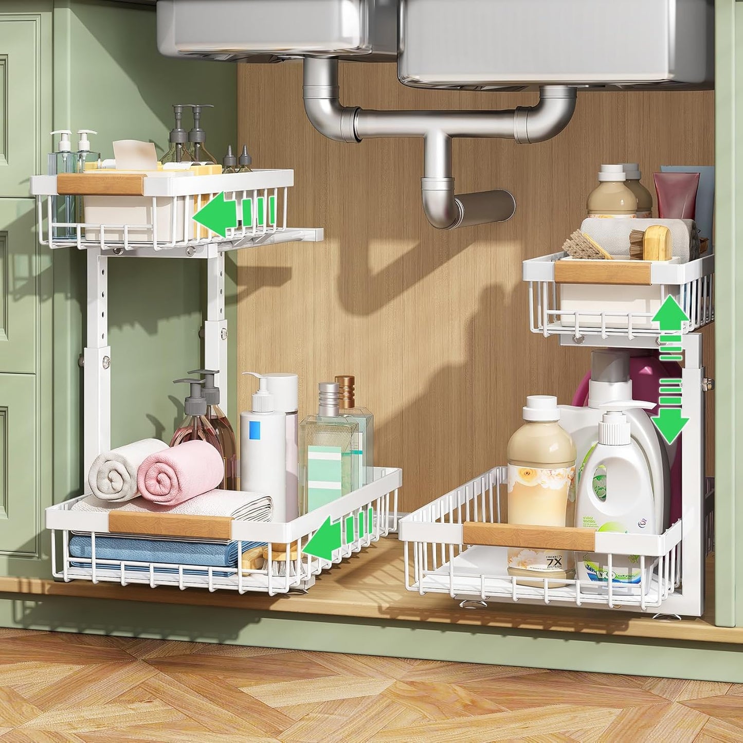 Kitstorack Under Sink Organizer, 2 Tier Under the Sink Storage, Slide out Pull out Cabinet Organizer Shelf, Metal Sliding Drawer for Kitchen Bathroom Pantry Closet Organization Rack, Black, 2 Pack