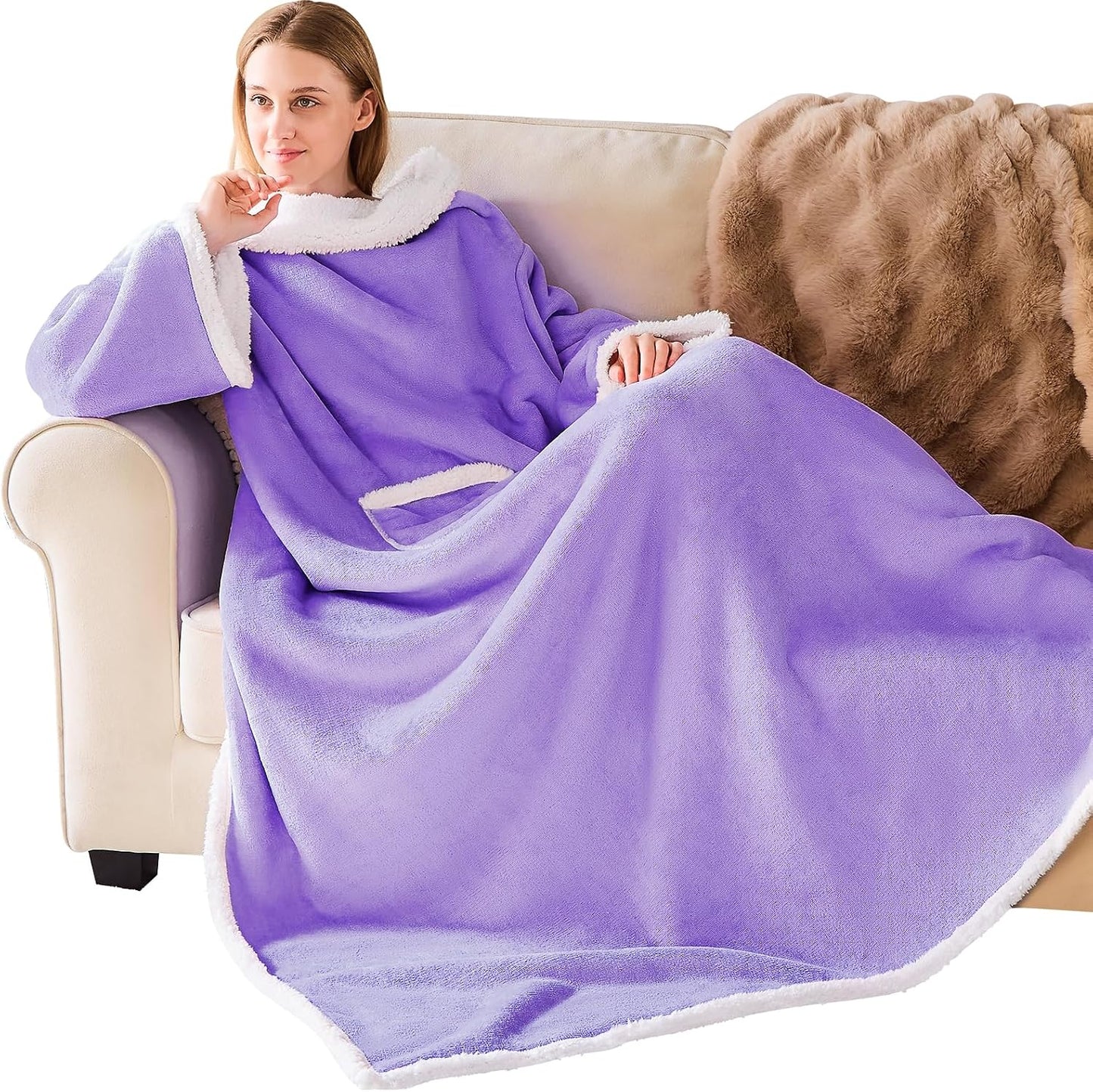 IFNOW Sherpa Wearable Blanket with Sleeves, Oversized Snuggle Robe, Purple | 430GSM Thick, 55x69", Big Pocket, TV Blanket,Fall Winter Dorm Essentials or Office, Christmas Birthday Gifts for Women Men