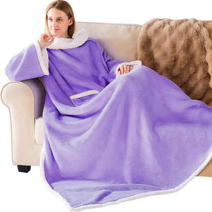 IFNOW Sherpa Wearable Blanket with Sleeves, Oversized Snuggle Robe, Purple | 430GSM Thick, 55x69", Big Pocket, TV Blanket,Fall Winter Dorm Essentials or Office, Christmas Birthday Gifts for Women Men