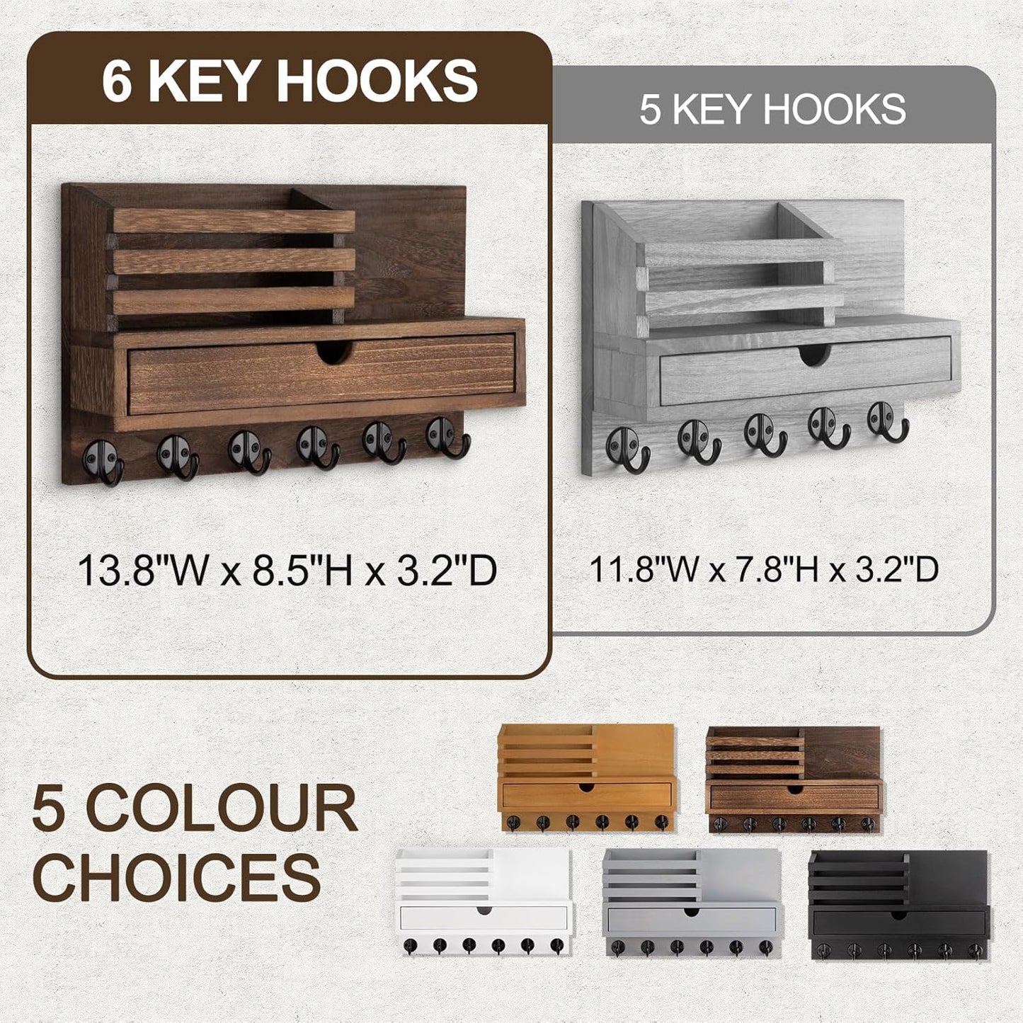 Key Holder Wall Mount, Mail Holder with Storage Drawer | Key and Mail Holder with 5 Key Hooks for Coat, Dog Leash, Home Decor Rack, House Accessories, Entry Way Organizer