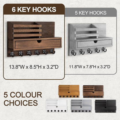 Key Holder Wall Mount, Mail Holder with Storage Drawer | Key and Mail Holder with 5 Key Hooks for Coat, Dog Leash, Home Decor Rack, House Accessories, Entry Way Organizer