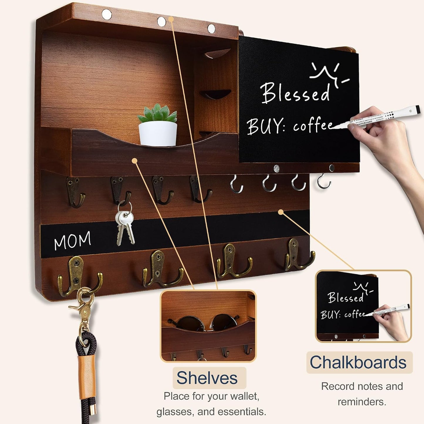 Key Holder for Wall Mount with Shelf and Mail Organizer, Key and Mail Holder with 16 Hooks, Farmhouse Entryway Organizer, Home Decor Rack (Pine Wood, White Washed)