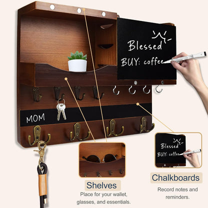 Key Holder for Wall Mount with Shelf and Mail Organizer, Key and Mail Holder with 16 Hooks, Farmhouse Entryway Organizer, Home Decor Rack (Pine Wood, White Washed)