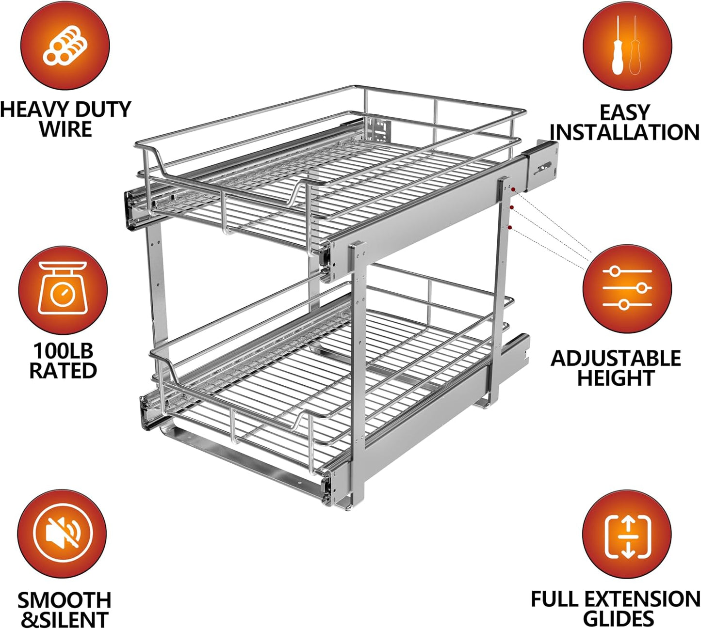 2-Tier Cabinet Pull Out Shelves, 14" W x 22" D, Chrome | Heavy-Gauge Wire Kitchen Cabinet Organizer, 100 lbs Capacity, Ball-Bearing Glides, Min 15" Opening, For Tupperware & Bowls