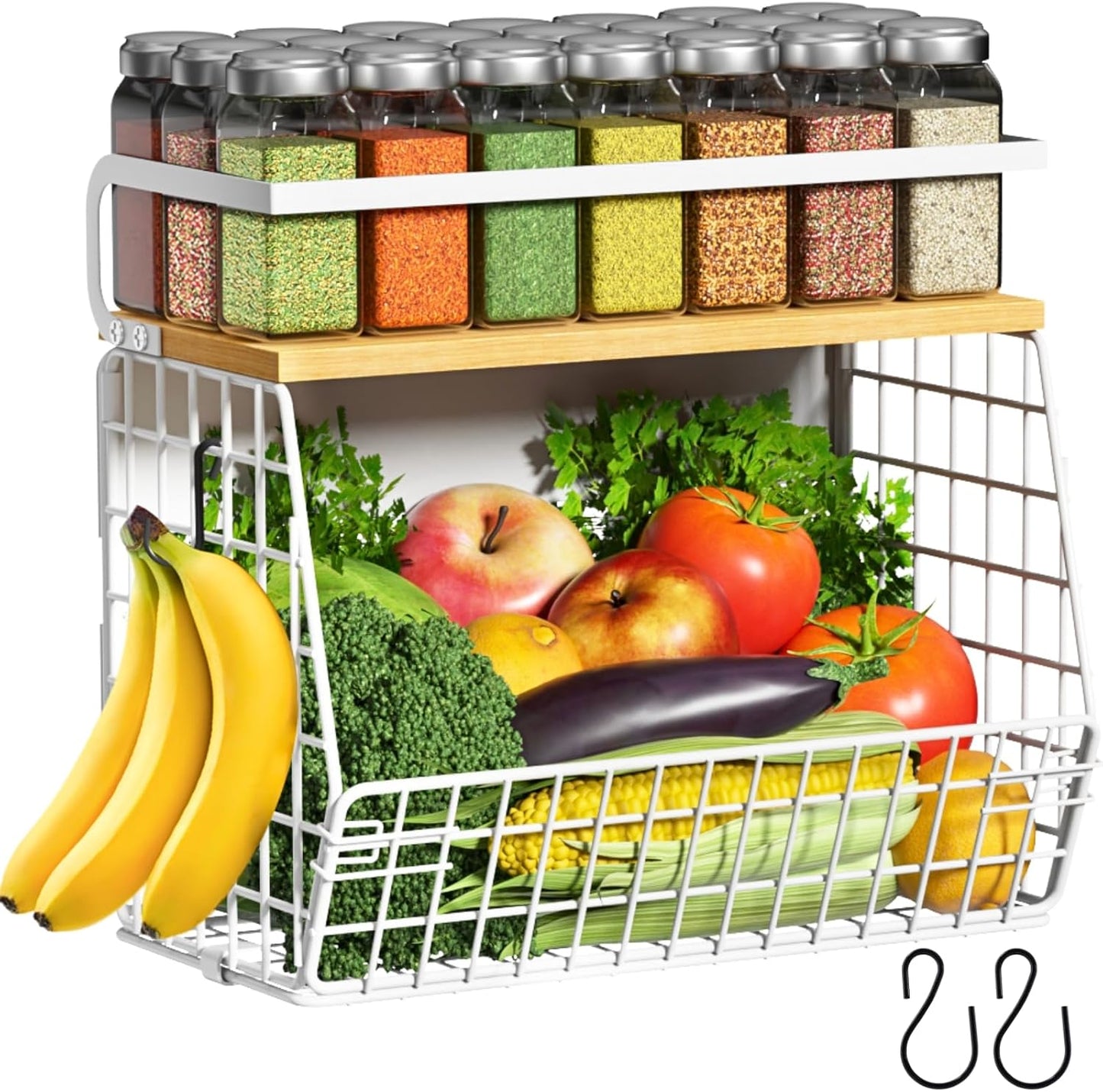 Magnetic Shelf for Fridge with Wood Lid, Fruit Potato and Onion Storage Bins, Pantry Organizers & Storage, Large Container Magnetic Spice Rack for Refrigerator, Kitchen Counter, Cabinet | Strong magnet holds 50lbs, ventilated bin for produce, versatile