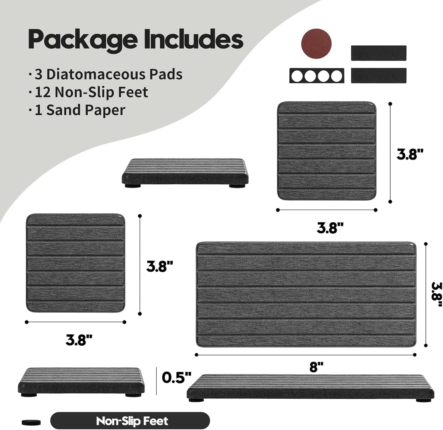3 Pack Water Absorbent Diatomite Coasters, Stone Drying Mat for Kitchen Counter, Bathroom Sink Organizer Tray, Compact Vanity Rack, Soap Holder Caddy, Faucet Splash Guard, White 8"x3.8"