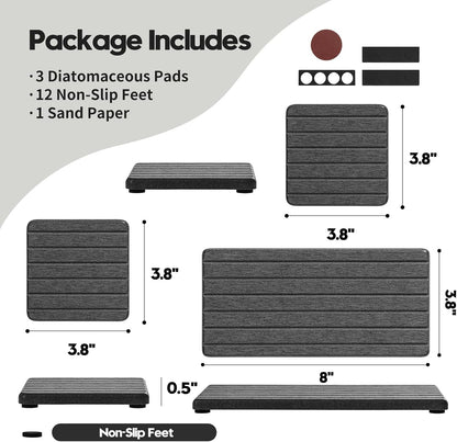 3 Pack Water Absorbent Diatomite Coasters, Stone Drying Mat for Kitchen Counter, Bathroom Sink Organizer Tray, Compact Vanity Rack, Soap Holder Caddy, Faucet Splash Guard, White 8"x3.8"