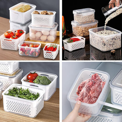 3Pack Fridge Food Storage Container Set with Lids with Strainer, Fruit Vegetable Storage Containers Keep Fruits, Vegetables, Berry, Meat Fresh longer, BPA-Free Plastic Produce Keepers
