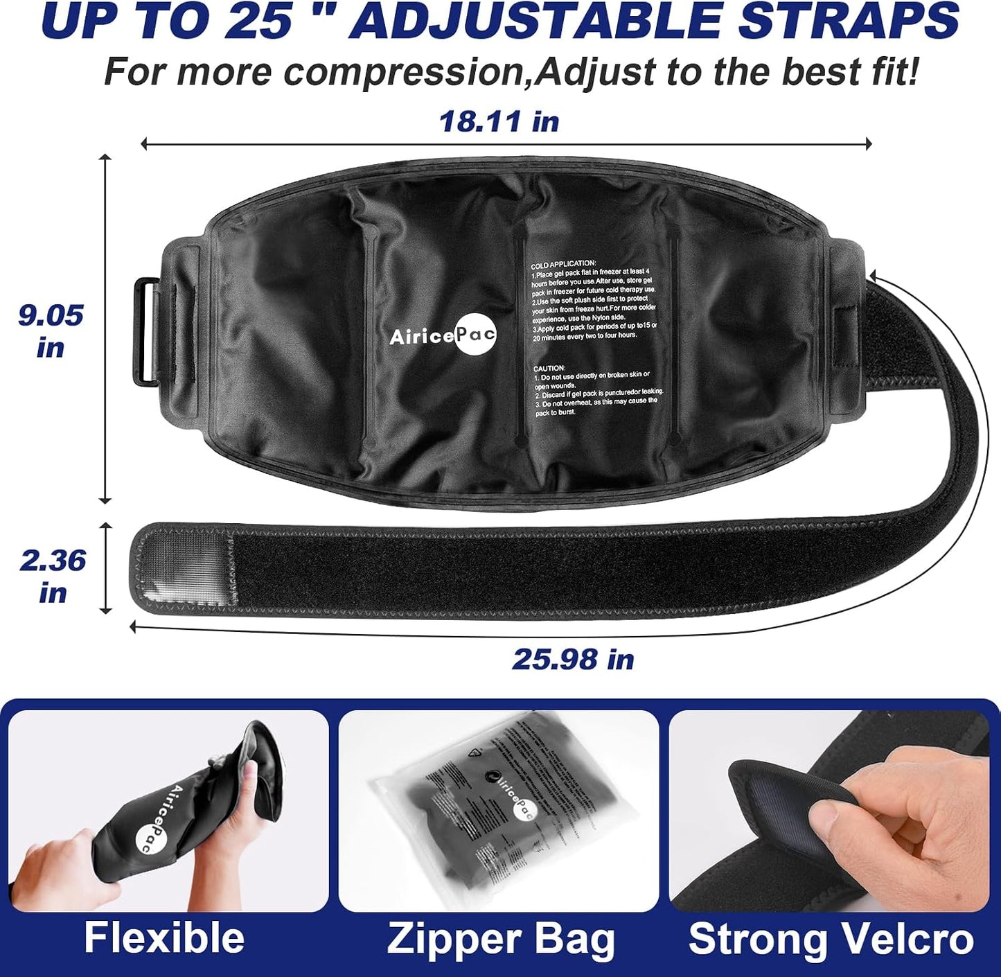 AiricePac 16 × 9" Large Ice Pack for Injuries Reusable Gel for Lower Back, Shoulder, Knee, Elbow, Hip, Leg, Soft Flexible Cold Compress for Pain Relief
