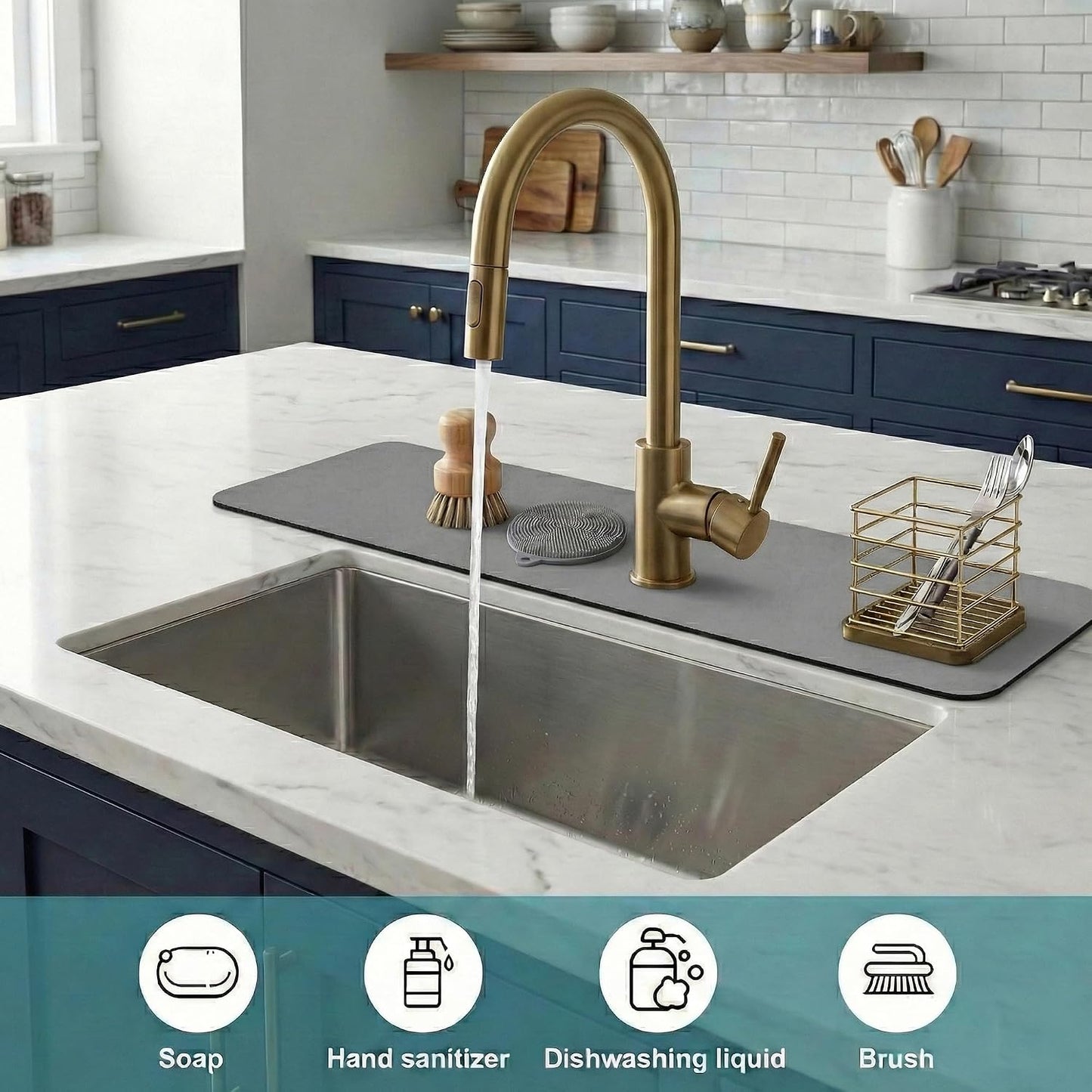Customizable Kitchen Sink Faucet Mat: 30"Lx5.5"W Absorbent Splash Guard | Non-slip Fabric Rubber Mat, Cut to Fit Oval Rectangle Square Faucet & 2,3,4 Holes Irregular Sink with Soap Dispenser Air Gap