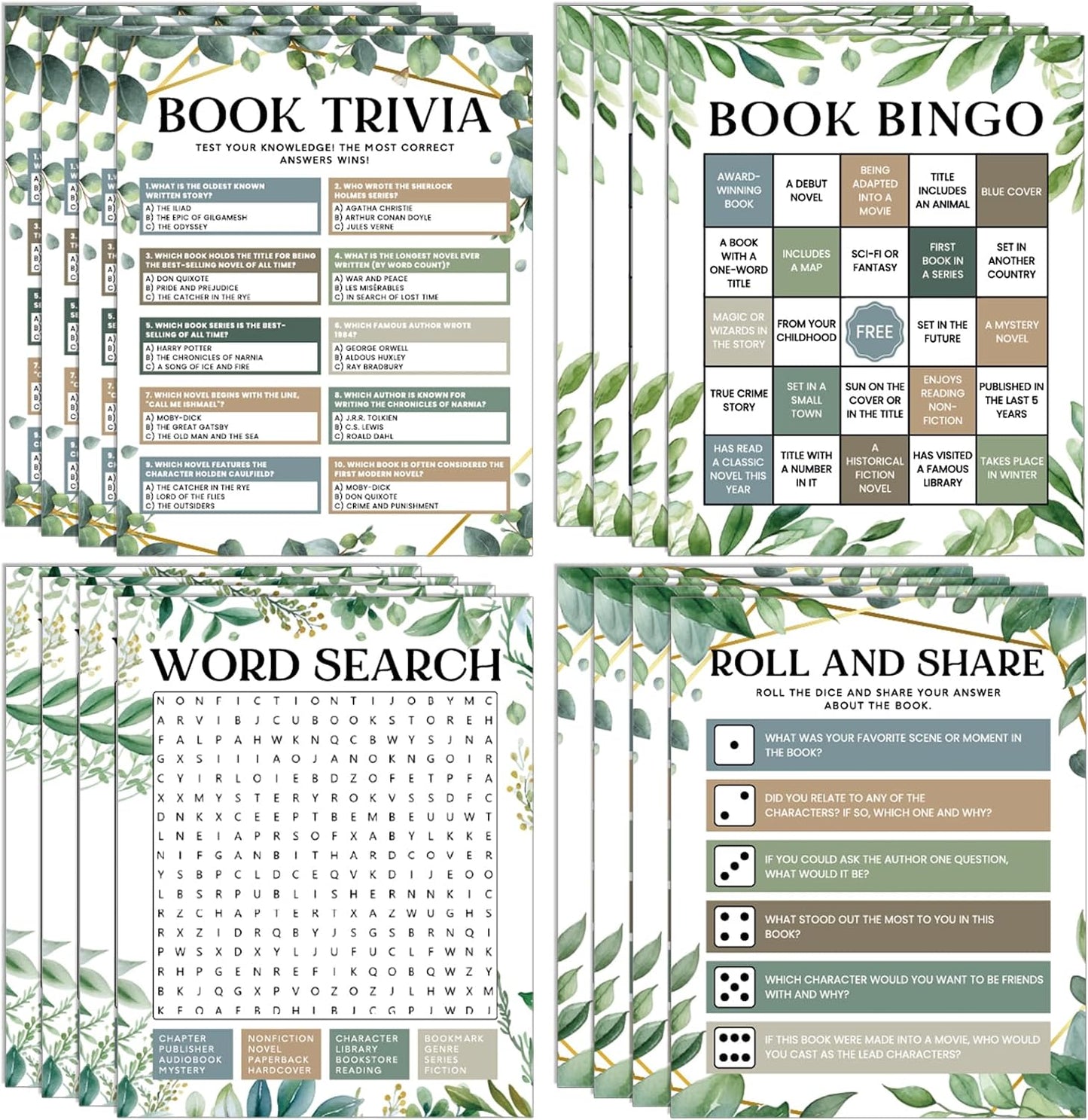82Pcs Greenery Reading Themed Games Cards for Adults Eucalyptus Book Trivia Bingo Word Search Roll and Share Game Books Lover Party Supplies for School Classroom Book Club Library Activity Birthday