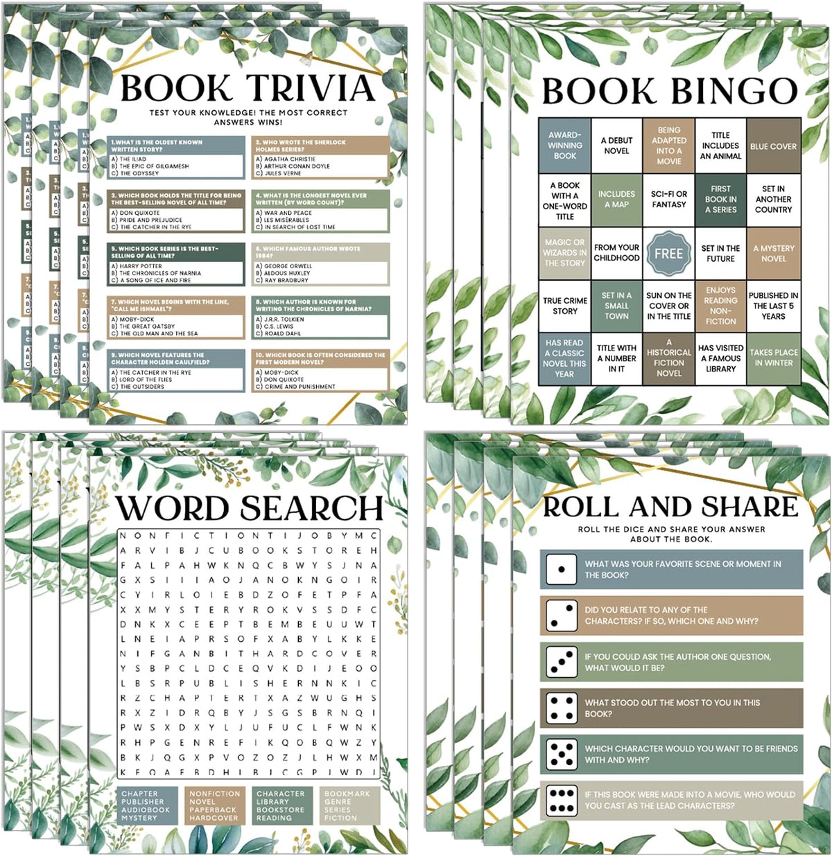 82Pcs Greenery Reading Themed Games Cards for Adults Eucalyptus Book Trivia Bingo Word Search Roll and Share Game Books Lover Party Supplies for School Classroom Book Club Library Activity Birthday