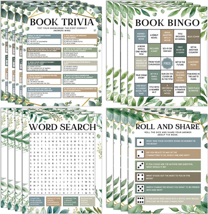 82Pcs Greenery Reading Themed Games Cards for Adults Eucalyptus Book Trivia Bingo Word Search Roll and Share Game Books Lover Party Supplies for School Classroom Book Club Library Activity Birthday