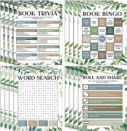 82Pcs Greenery Reading Themed Games Cards for Adults Eucalyptus Book Trivia Bingo Word Search Roll and Share Game Books Lover Party Supplies for School Classroom Book Club Library Activity Birthday