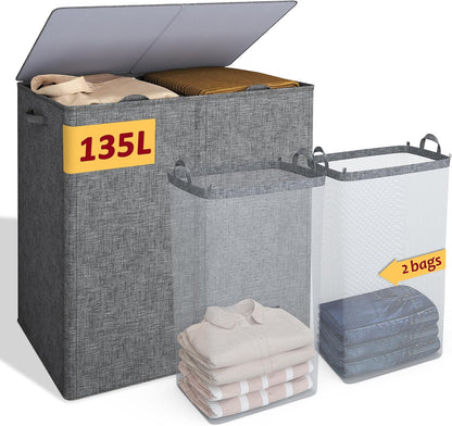 195L Laundry Hamper 3 Section,Large Laundry Hamper with Lid,Dirty Clothes Hamper with 3 Inner Bags,Collapsible Laundry Basket Organizer for Laundry Room,Bedroom,Laundry Sorter Hamper 3 Compartment
