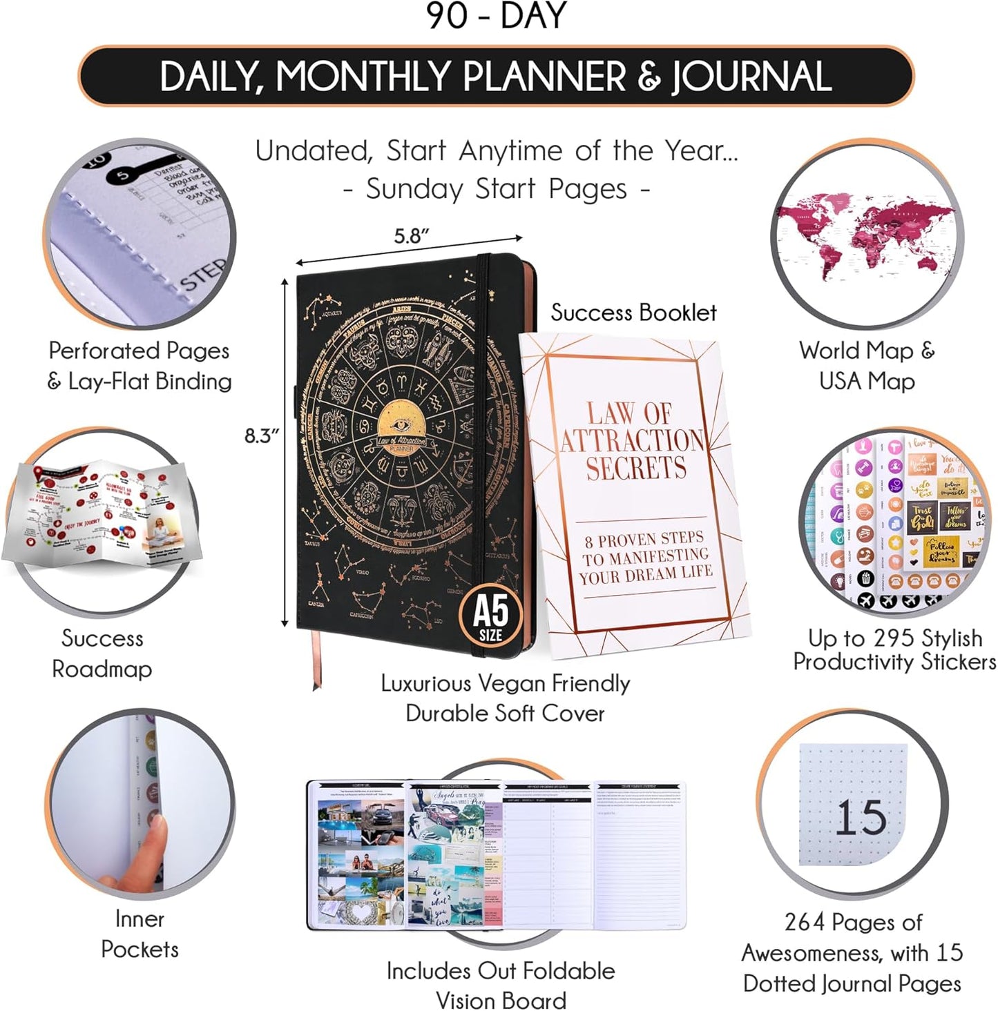 Freedom Mastery Daily Journal of Gratitude, Productivity & Habit Tracker | Undated 90-Day Planner with Daily Reflection, Mindfulness, Positivity, Vision Board & Stickers, Gratitude Journal for Women