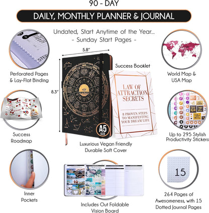 Freedom Mastery Daily Journal of Gratitude, Productivity & Habit Tracker | Undated 90-Day Planner with Daily Reflection, Mindfulness, Positivity, Vision Board & Stickers, Gratitude Journal for Women