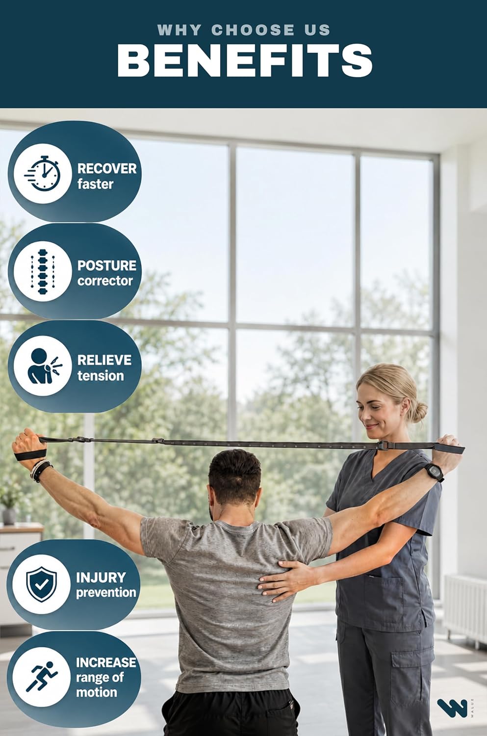 WALUE™ Posture Correction & Shoulder Exerciser – Non-Elastic Stretch Strap for Exercise, Yoga, Flexibility & Physical Therapy