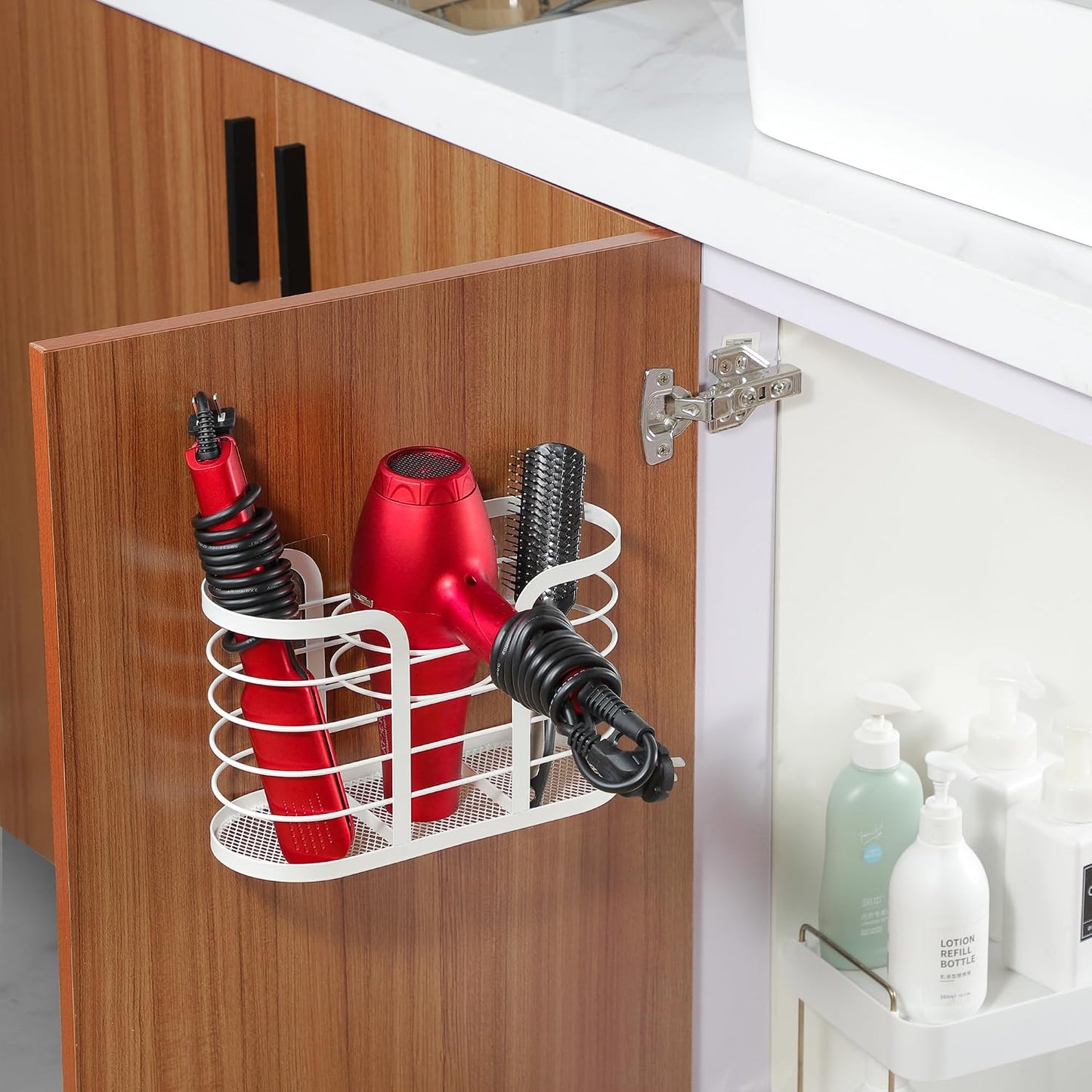 YIGII Hair Tool Organizer, Cabinet Door Storage Basket, Bathroom, Black | Storage for Hair Dryers, Flat Irons and Curling Tools, Space-Saving Cabinet Design for Bathroom Styling Tools