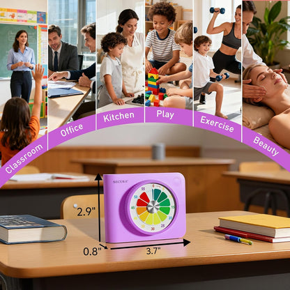 Secura 60 Minute Visual Timer for Kids, Countdown Timer for Time Management | Silent ADHD Timer with Pause, Magnetic Back, Stand, for Classroom, Home, School, Kitchen, Office (Purple)