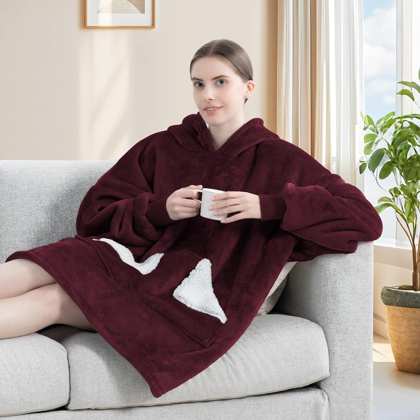 Wearable Blanket Hoodie, Oversized Sherpa Fleece Sweatshirt Blanket with Giant Hood Pocket and Sleeves for Adult, Warm & Cozy Grey Blanket Gifts for Women