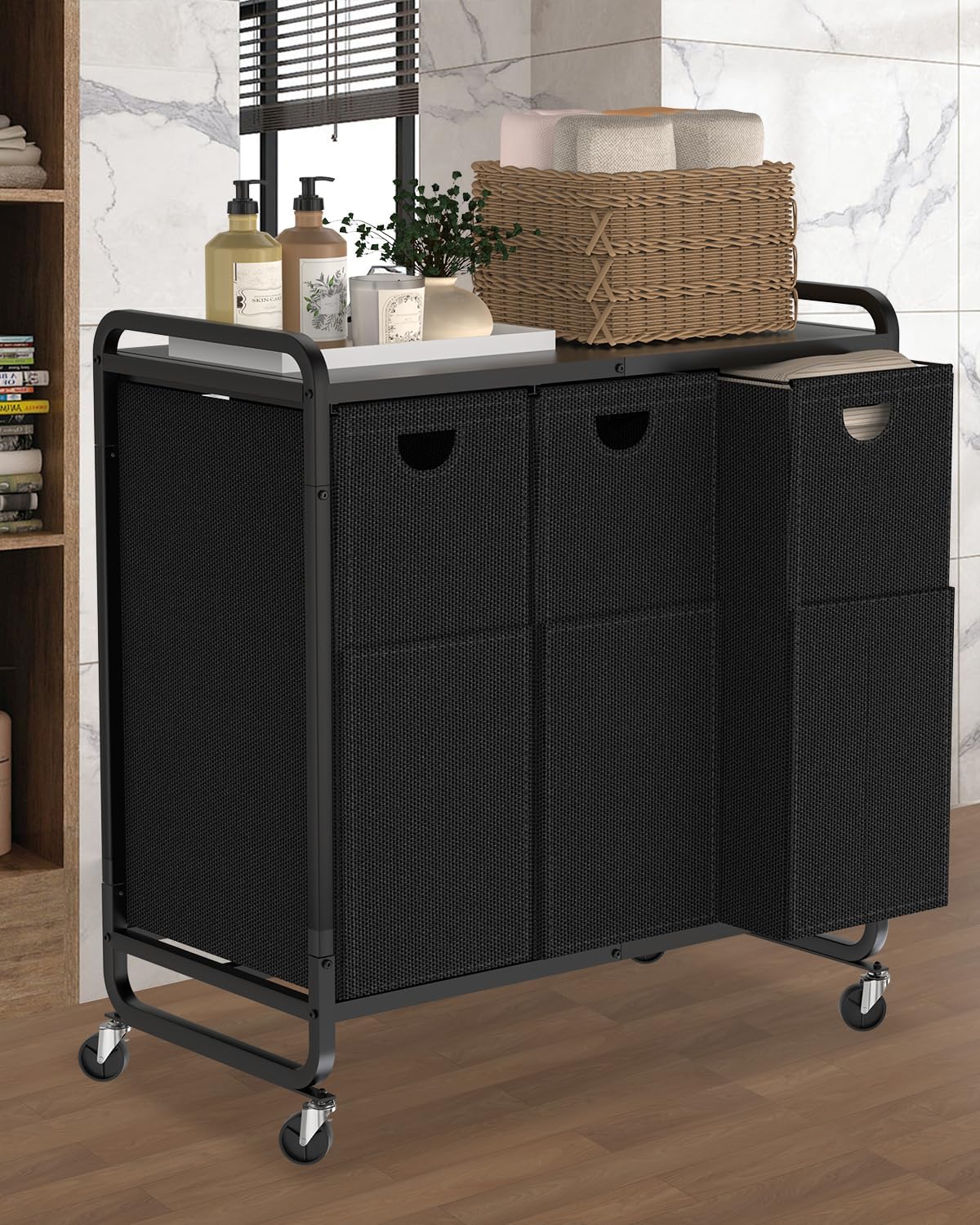 Laundry Sorter 3 Section,Laundry Basket with Wheels,3×15.8 Gal (60L) | Laundry Room Organization with Wooden Desktop Shelf,Pull-Out and Removable 900D Oxford Fabric Laundry Bags for Laundry Room