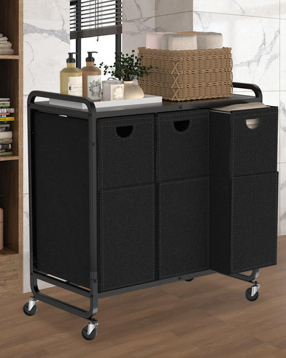Laundry Sorter 3 Section,Laundry Basket with Wheels,3×15.8 Gal (60L) | Laundry Room Organization with Wooden Desktop Shelf,Pull-Out and Removable 900D Oxford Fabric Laundry Bags for Laundry Room