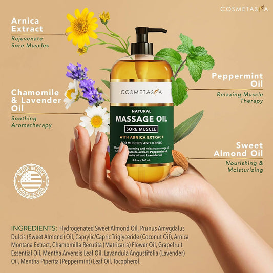 Cosmetasa Massage Oil for Sore Muscle Massage Therapy with Roller - All Natural, Cruelty-Free Massage Oils for Muscle Relaxing & Joint Comfort - Arnica Extract with Lavender & Chamomile Oil (8.8 oz)