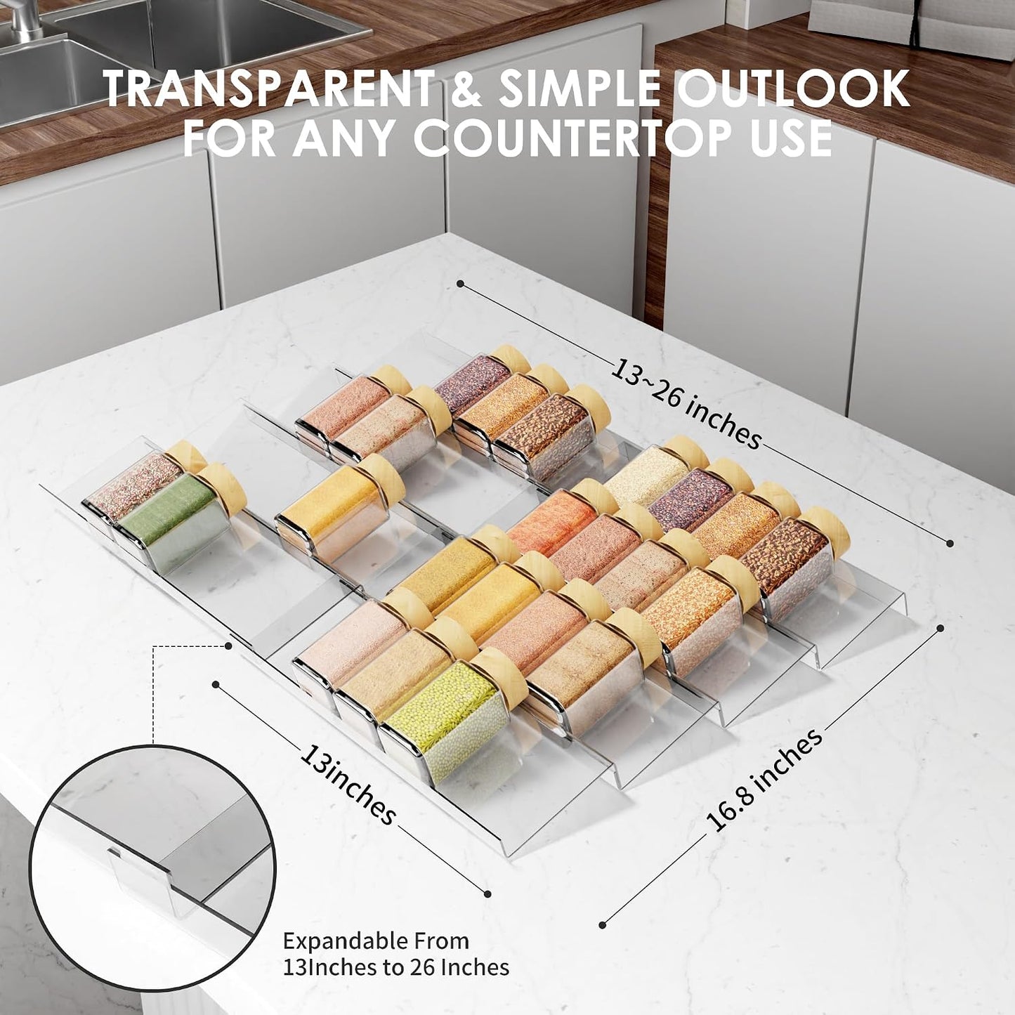Jadehom Spice Drawer Organizer, 4 Tier Clear Acrylic Expandable From 13" to 26" Seasoning Jars Drawer Insert, Kitchen Drawer Spice Rack Tray for Cabinet/Countertop