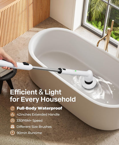 Electric Cleaning Brush, New Full-Body IPX7 Waterproof & 42inch Long Handle | Bathroom Cleaner Brush, Shower Scrubber, 3 Handle Lengths & 7 Heads Replacement, Cleaning Supplies for Tub Shower Tile Floor