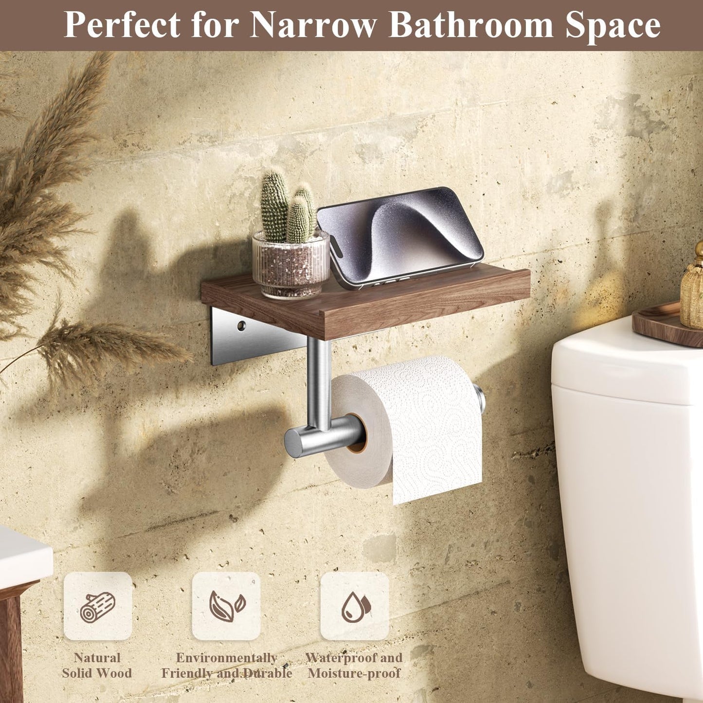 Tindbea Toilet Paper Holder with Wood Shelf, Wooden Wall Mount Tissue Paper Roll Holder, Matte Black Stainless Steel Bathroom Accessories Decor Household Home Apartment Restroom Essentials (Walnut)