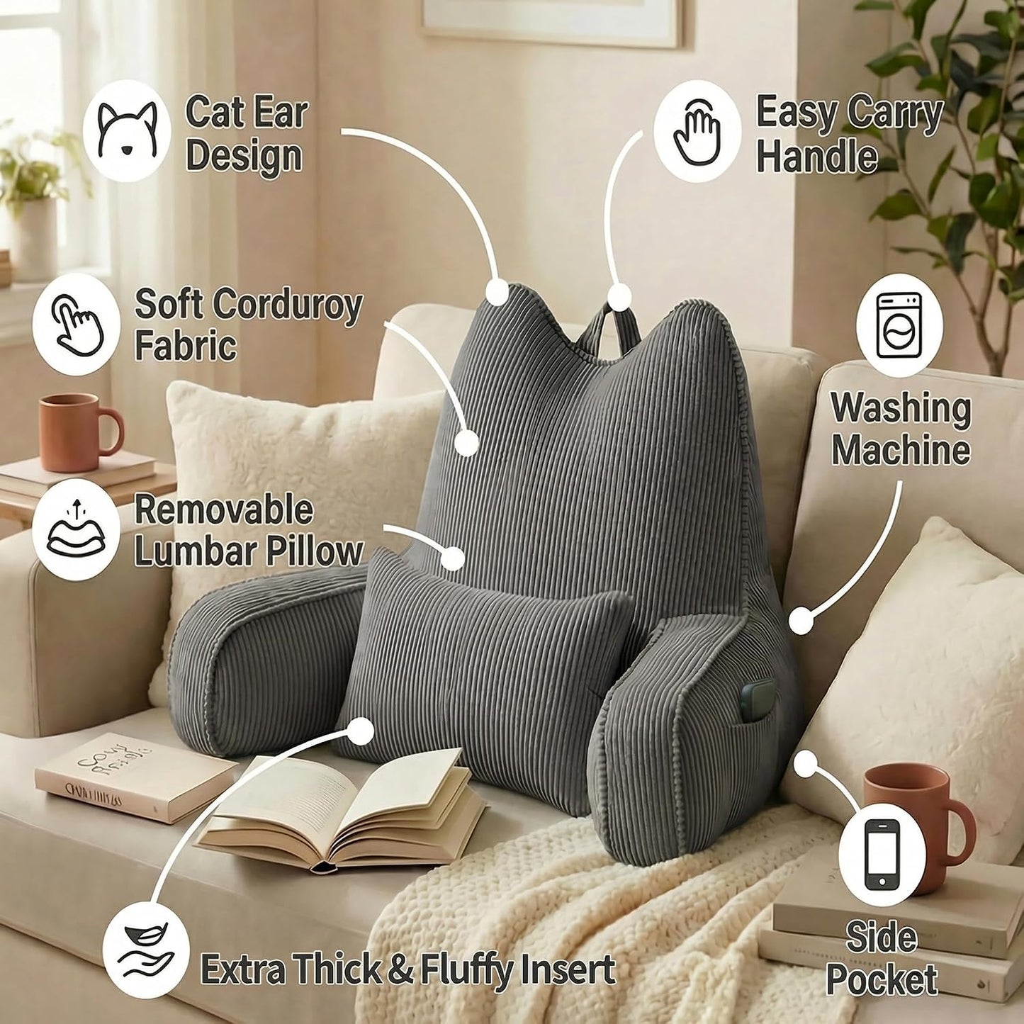 Patented Design Reading Pillow with Arms for Sitting Up, 2-in-1 Bed Rest Pillow with Detachable Lumbar Support, Backrest Support Cushion for Couch with Side Pockets & Handle, Beige Gray