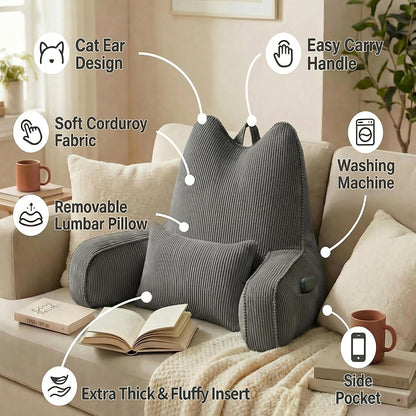 Patented Design Reading Pillow with Arms for Sitting Up, 2-in-1 Bed Rest Pillow with Detachable Lumbar Support, Backrest Support Cushion for Couch with Side Pockets & Handle, Beige Gray