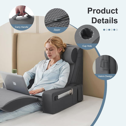 Reading Pillow for Bed with Adjustable Armrests and Side Pockets, Back Pillow for Bed Sitting Up, Sit Up Pillow, and Bed Pillows for Sitting Up, Ideal for Reading, Watching TV and Relaxing, Light Gray