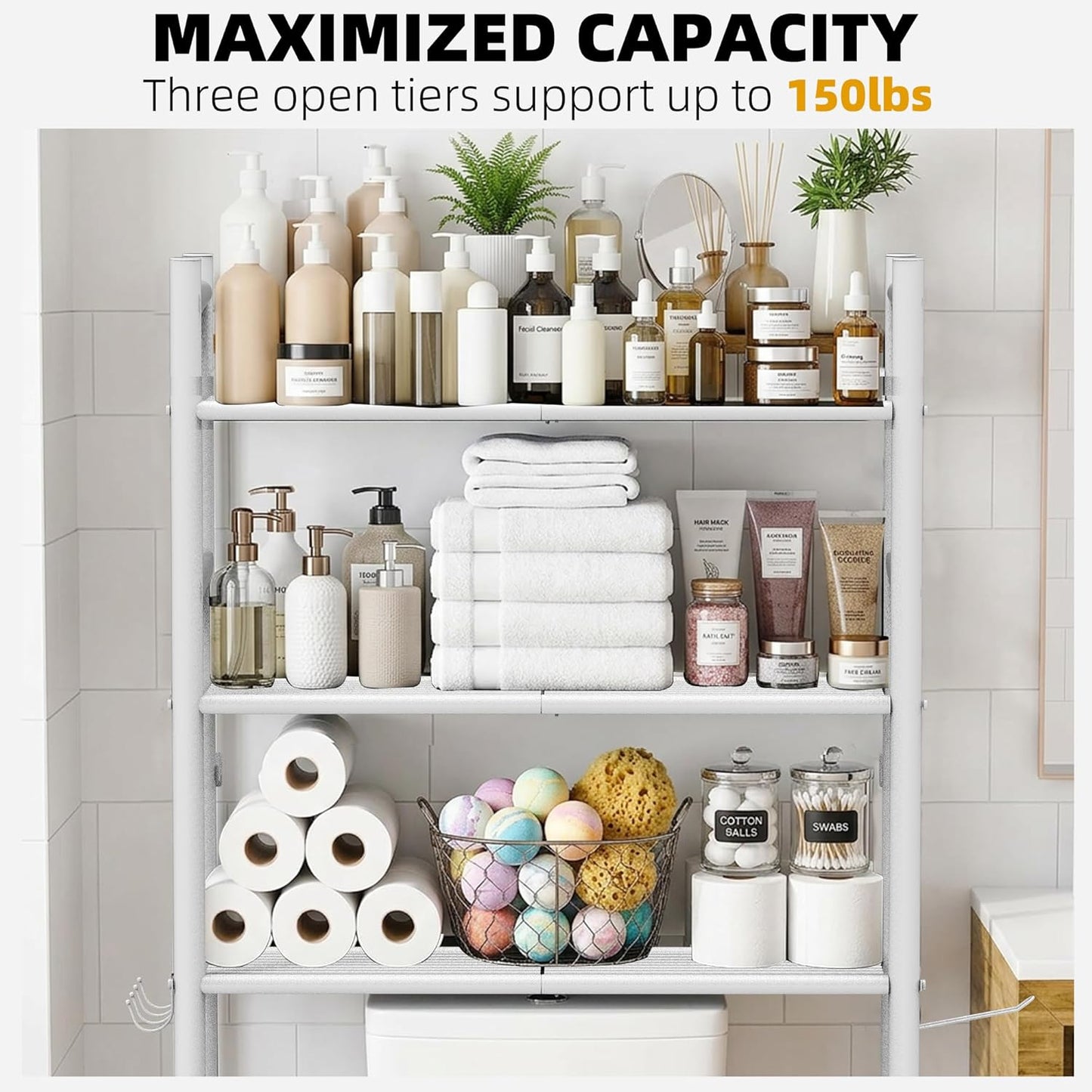 GloTika 3-Tier Over Toilet Storage, Anti-Tilt, 64" H, Black | Anti-Tilt Safety System, 150lb Capacity, Carbon Steel, Freestanding, No Drilling, Anti-Rust Coating, Paper Holder & 4 Hooks