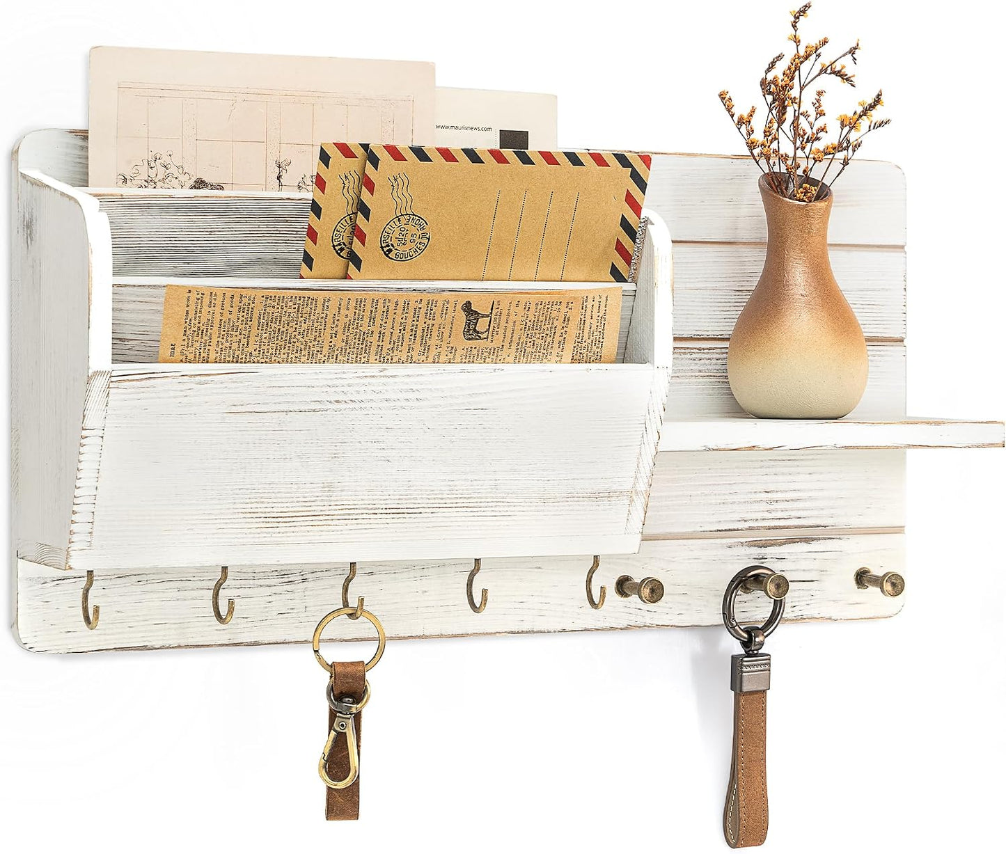 Rebee Vision Pine Wood Key Holder Wall Mount with Mail Sorter, Light Brown | Display Shelf, 8 Key Hooks, 3 Mail Sorters, Mail Organizer for Letters, Papers, Key Holder for Wall, Keep Entryways Tidy