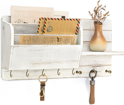 Rebee Vision Pine Wood Key Holder Wall Mount with Mail Sorter, Light Brown | Display Shelf, 8 Key Hooks, 3 Mail Sorters, Mail Organizer for Letters, Papers, Key Holder for Wall, Keep Entryways Tidy