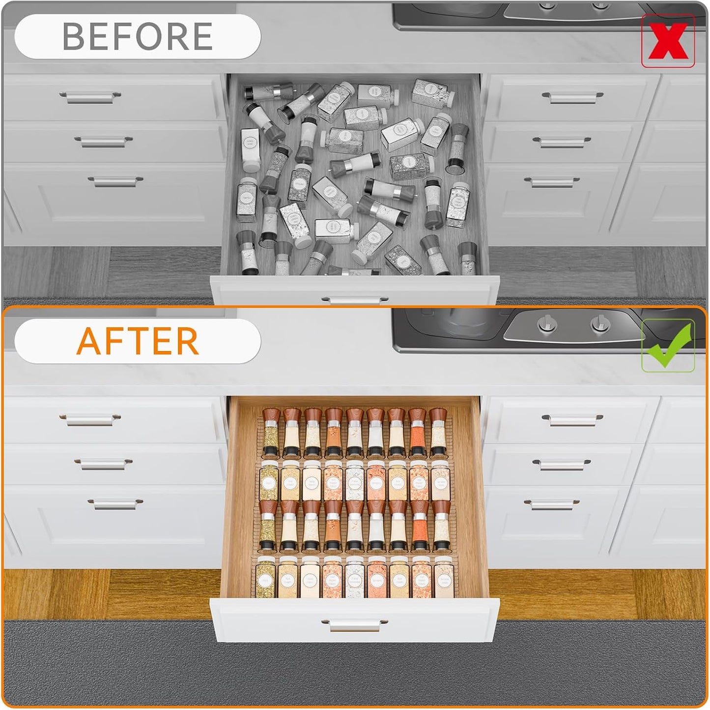 8 Pack Adjustable In Drawer Spice Organizer - Expandable From 11'' to 22'' - Acrylic Drawer Seasoning Organizer,Clear Spice Organization Tray for Cabinet Drawers Condiment,Nail Polish and Jar