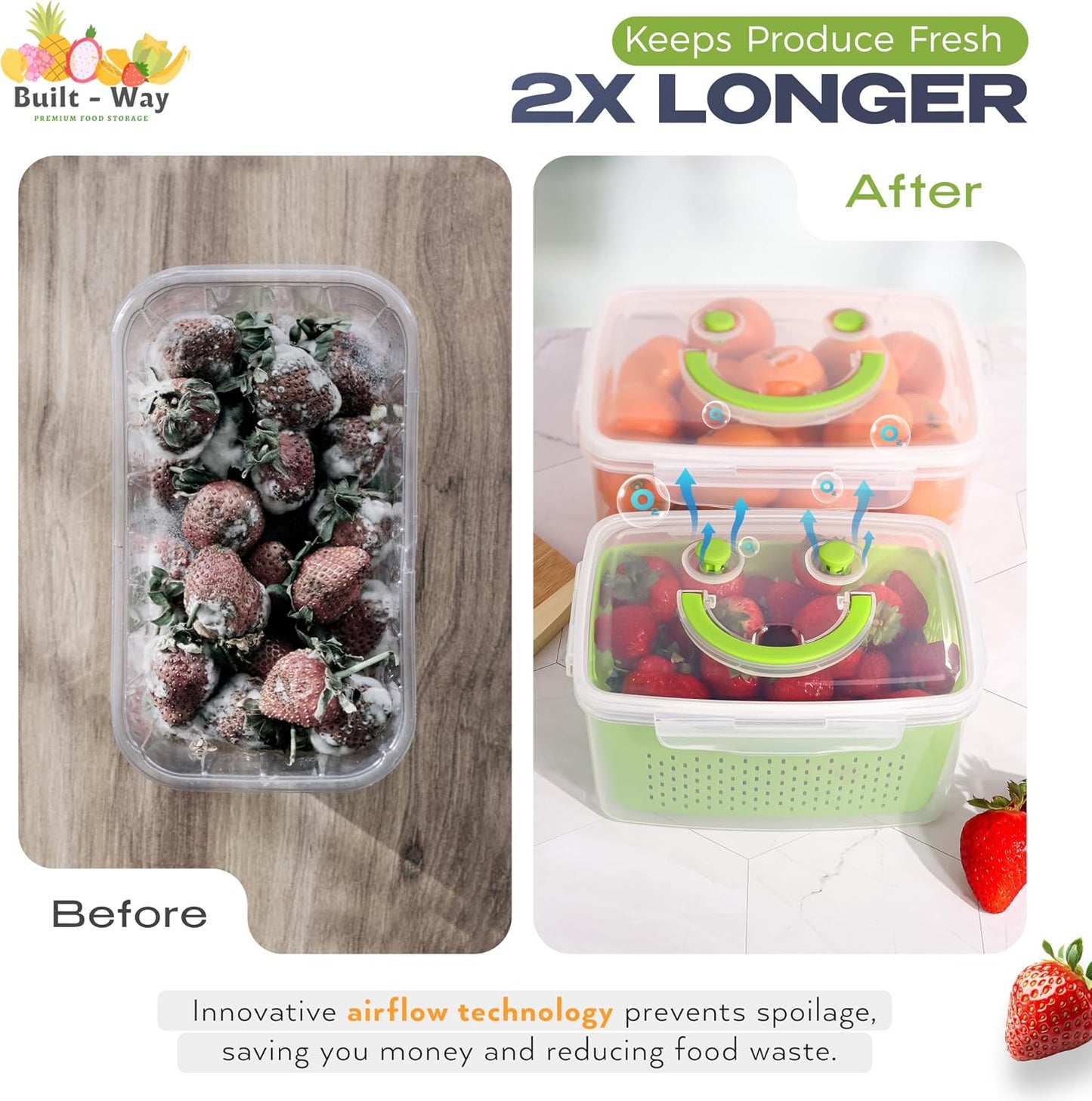 Fruit Storage Containers for Fridge - Set of 4 - Airtight Lid Keeps Fresh - For Fruit & Vegetable Storage - Space-Saving Design - Ideal for Produce, Berries, Snacks - Pink