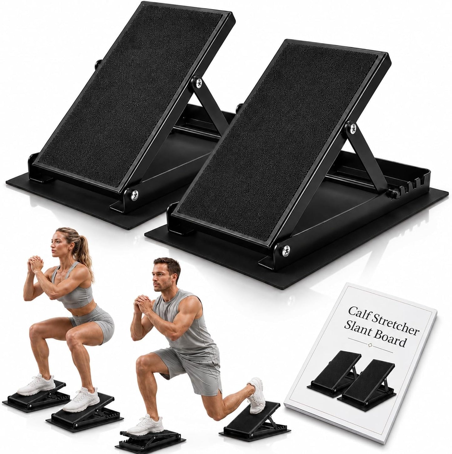 2 Pack Adjustable Slant Board for Calf Stretching, Steel Calf Stretch Board 20°-40° Non-Slip Squat Wedge with Handle for Exercise Rehab Leg Stretch and Plantar Fasciitis Relief