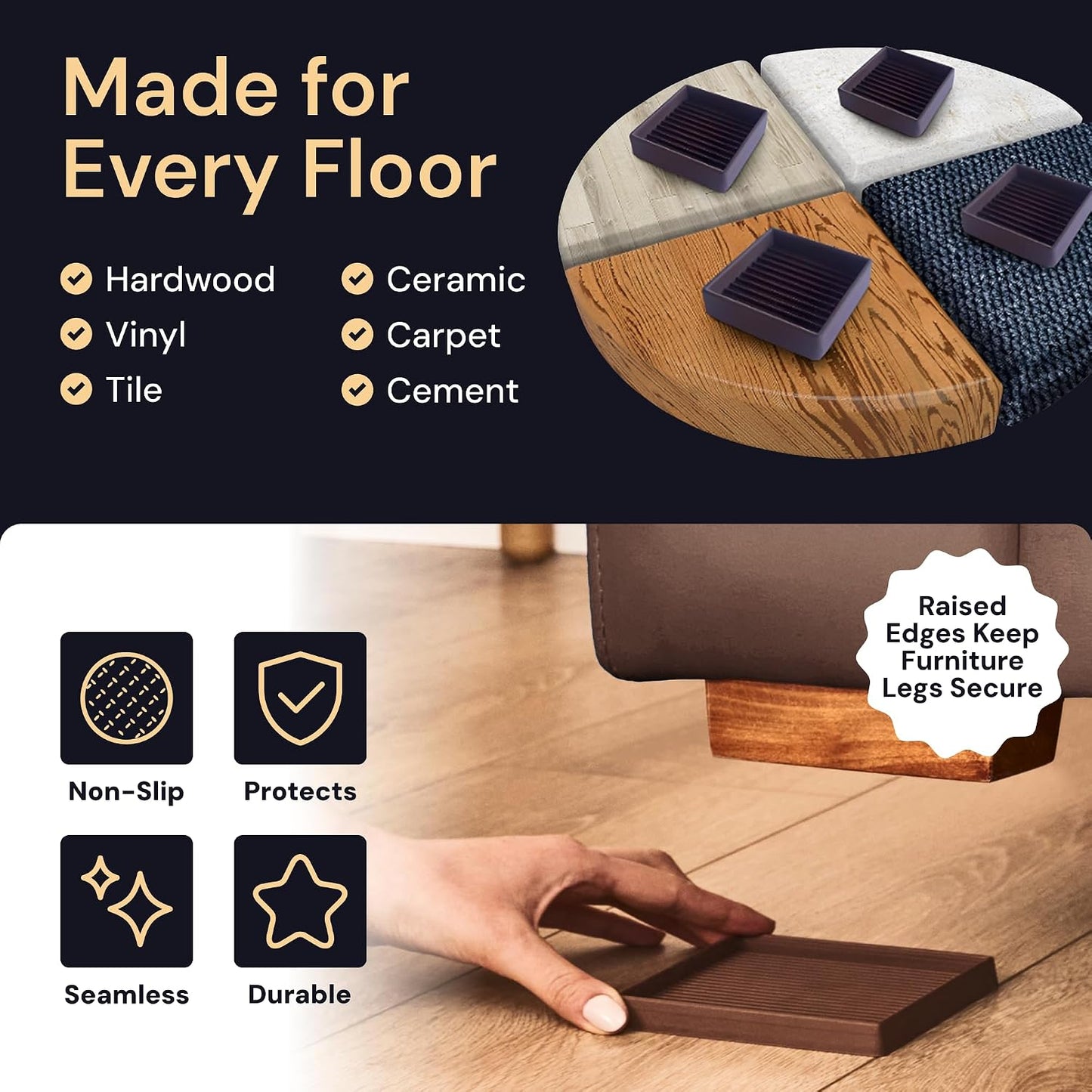 Non-Slip Furniture Pads - 4x4 in Brown, 4 Pack | Square rubber caster cups - anti-skid - Use for heavy sofas, beds & chairs on hardwood floors