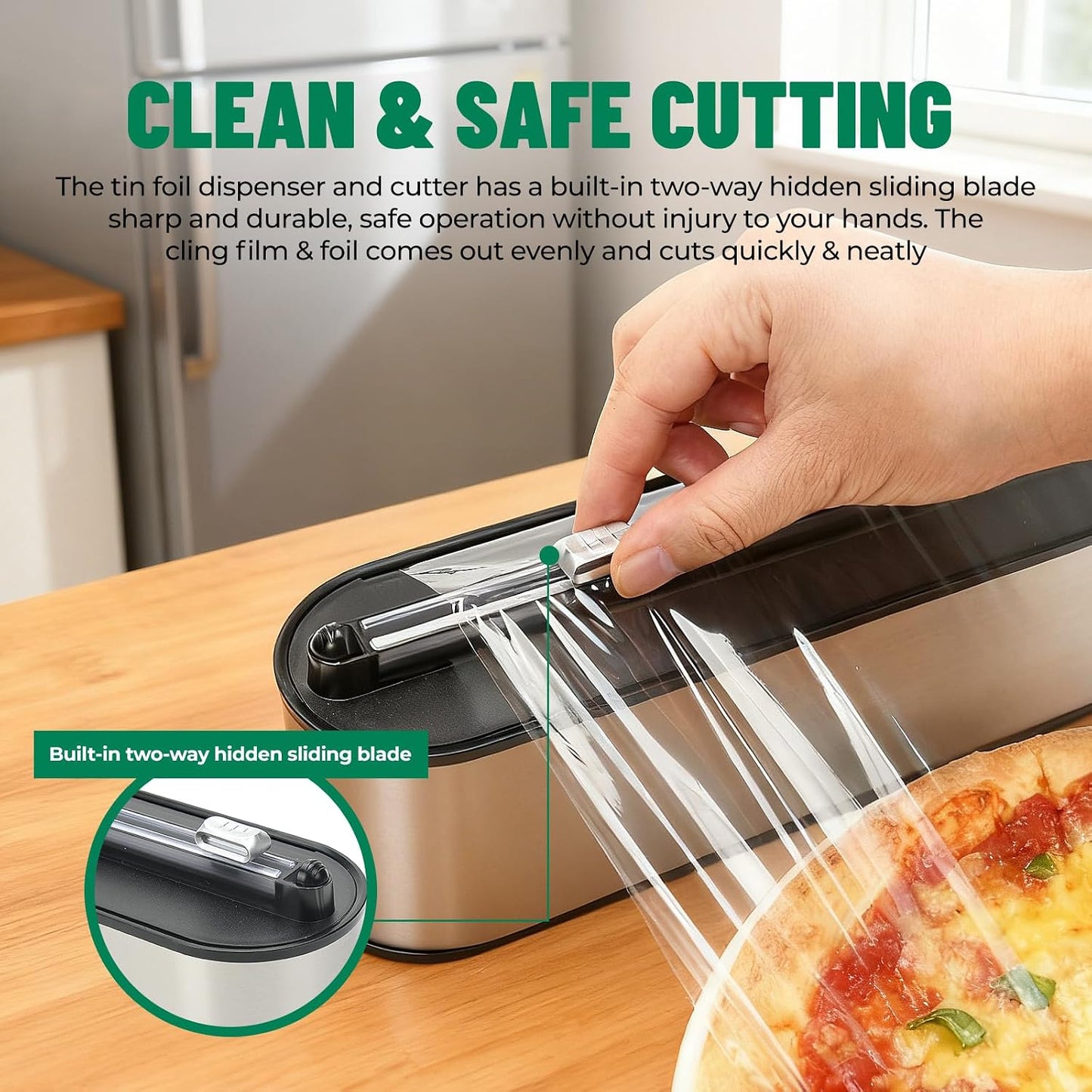 Stainless Steel & Plastic Wrap Dispenser with Cutter, Magnetic No-Drill Wall Mount Aluminum Foil Holder with Slide Cutter, for Cabinets, Space-Saving Kitchen Organizer (Silvery-Stainless Steel)