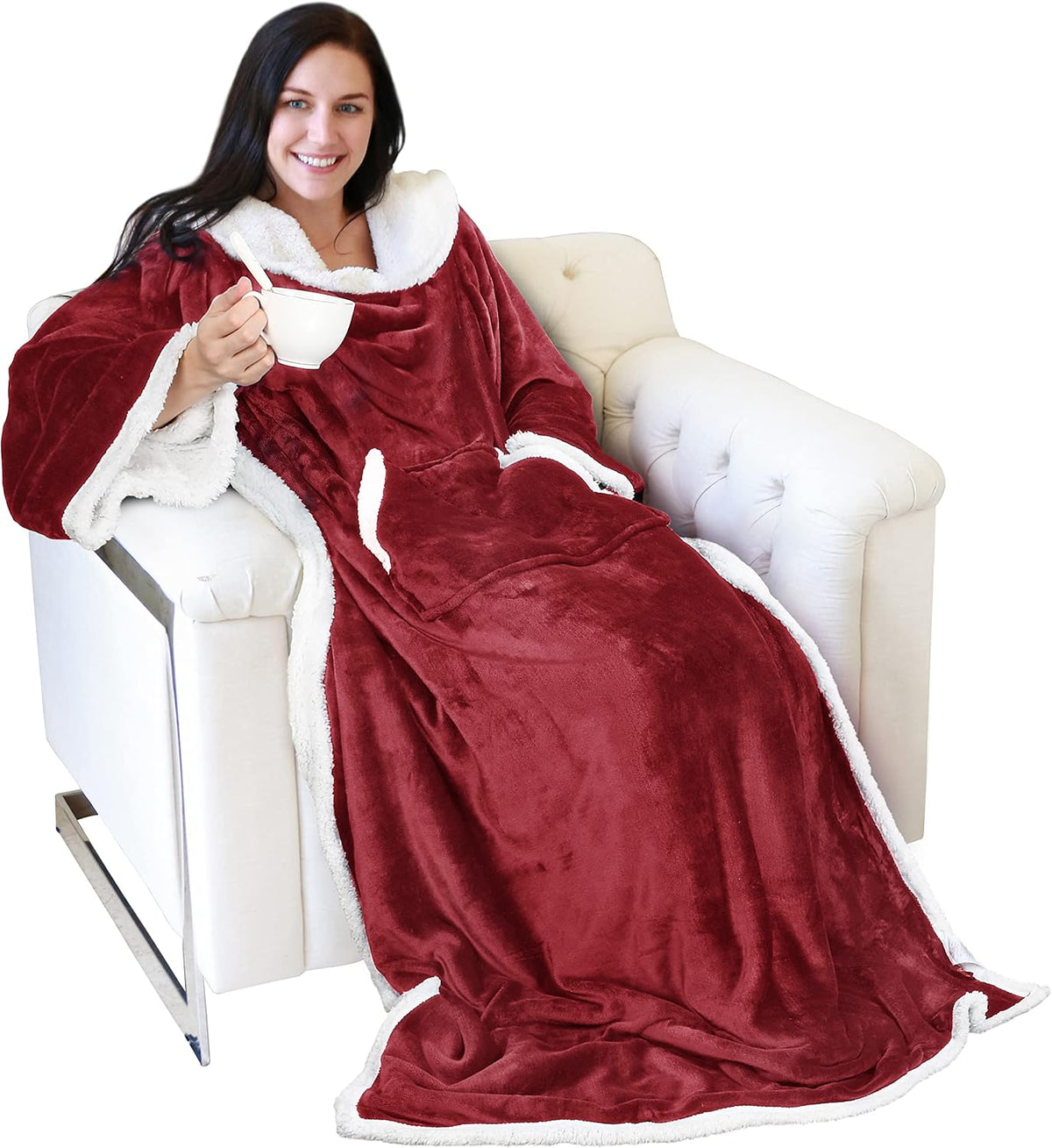 Catalonia Sherpa Wearable Blanket with Sleeves and Pocket for Adults